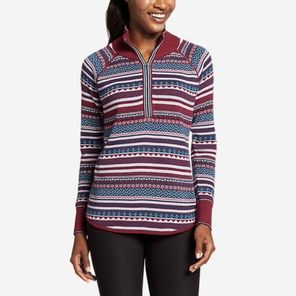 Eddie Bauer Engage 1/4 Zip Fair Isle Ruby Sweater Nordic Maroon White Blue